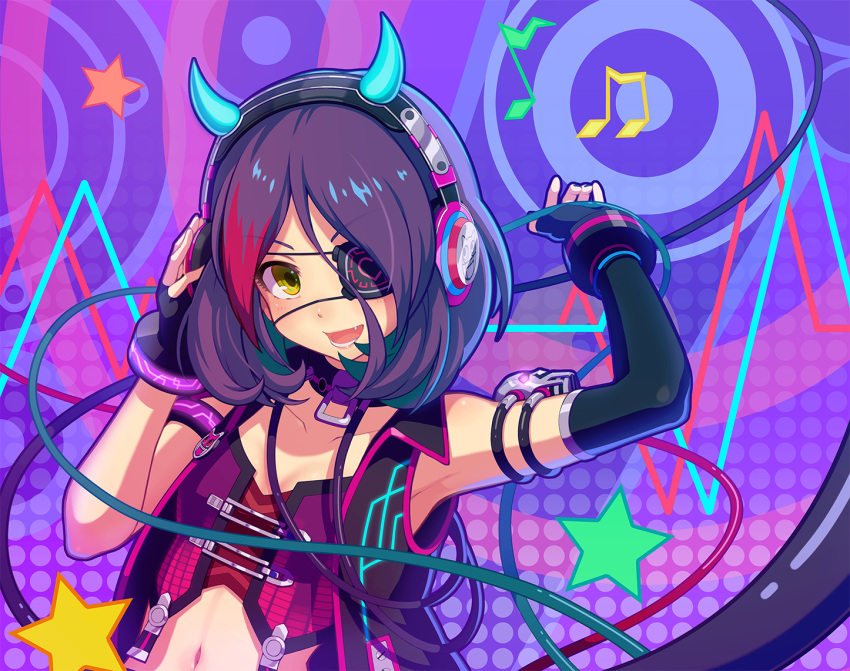 1girl, breasts, cable, crop_top, eyepatch, fake_horns, fang, hayasaka_mirei, headphones, horns, idolmaster, idolmaster_cinderella_girls, idolmaster_cinderella_girls_starlight_stage, looking_at_viewer, multicolored_hair, musical_note, navel, open_mouth, poroze, purple_hair, red_hair, small_breasts, smile, solo, two-tone_hair, upper_body, yellow_eyes