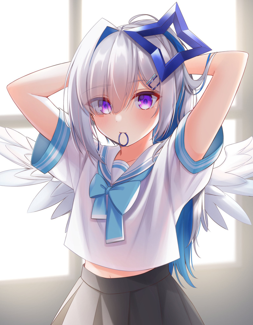 1girl, alternate_costume, amane_kanata, black_skirt, blue_bow, blue_bowtie, blue_hair, blue_halo