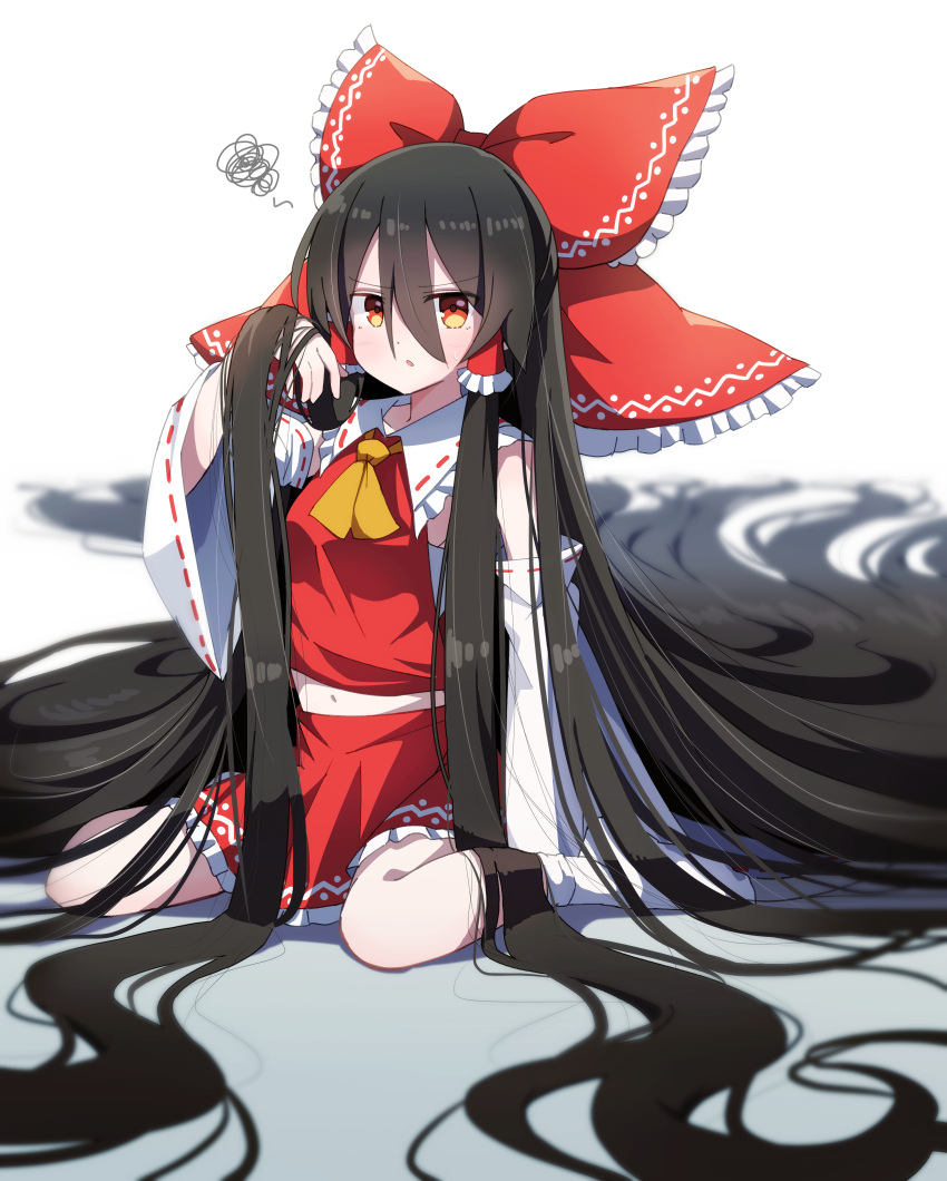 1girl, absurdly_long_hair, absurdres, ascot, bow, brown_hair, commentary_request, detached_sleeves