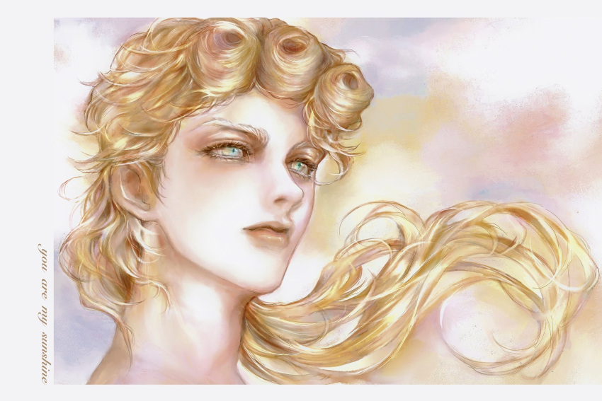 1boy, a_io_u, blonde_hair, border, closed_mouth, curly_hair, english_commentary, giorno_giovanna