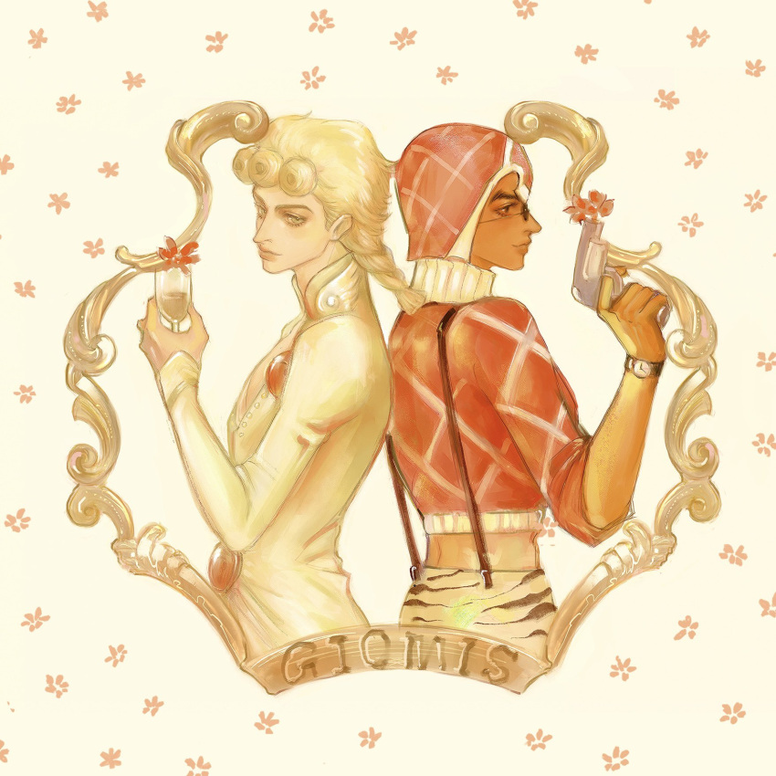 2boys, a_io_u, animal_print, back-to-back, blonde_hair, braid, cropped_sweater, cropped_torso
