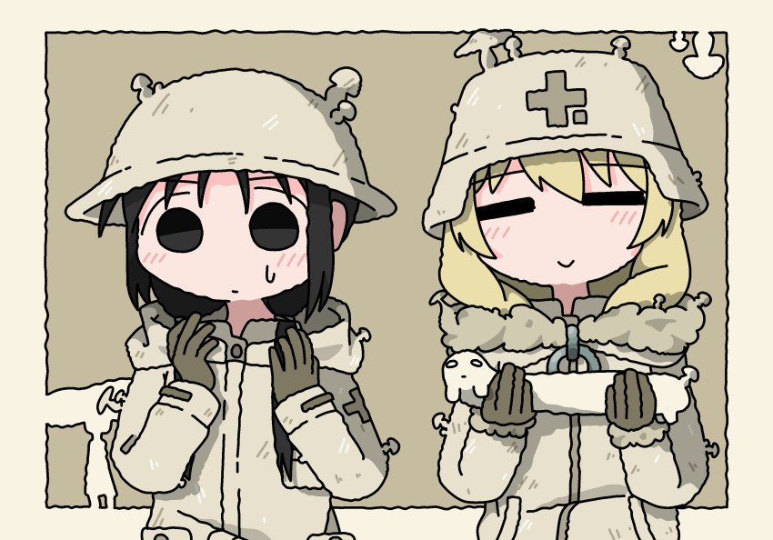 2girls, =_=, black_eyes, black_hair, blonde_hair, chito_(shoujo_shuumatsu_ryokou), closed_mouth, combat_helmet