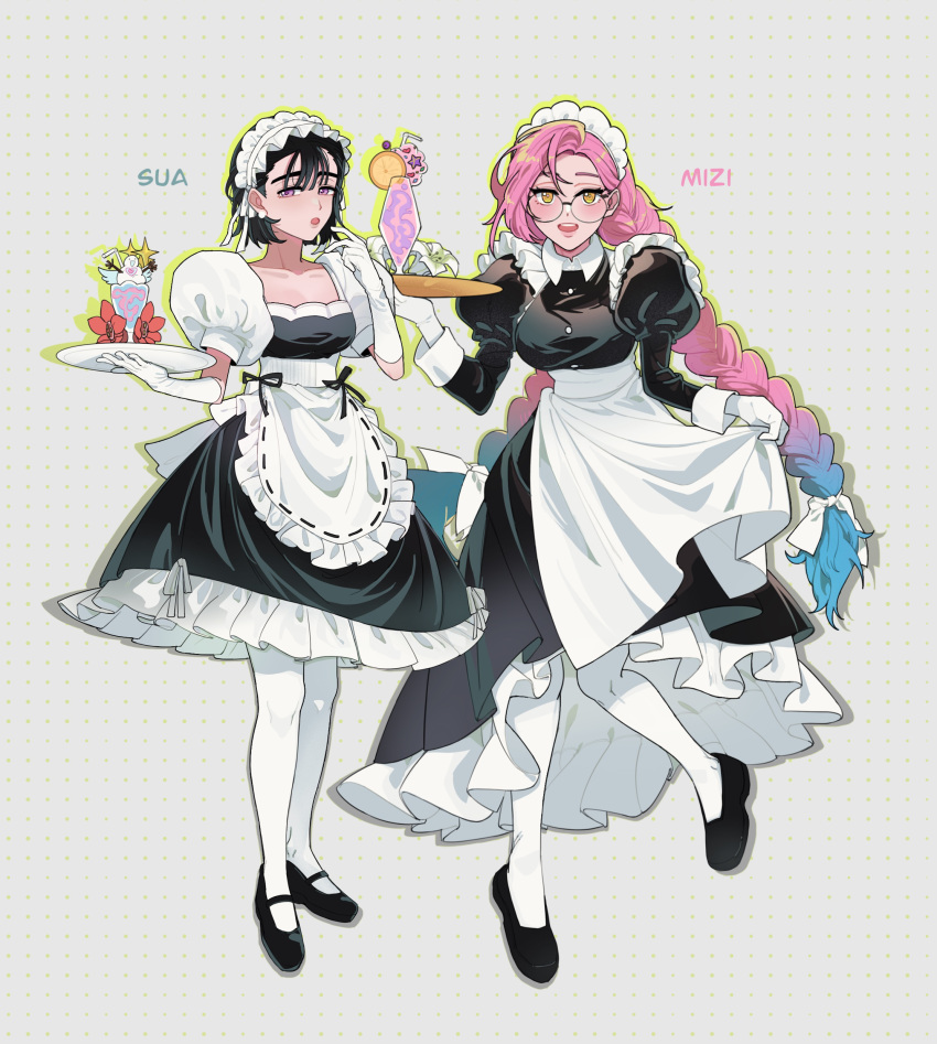 2girls, :o, absurdres, alien_stage, apron, black_dress, black_hair, black_shoes