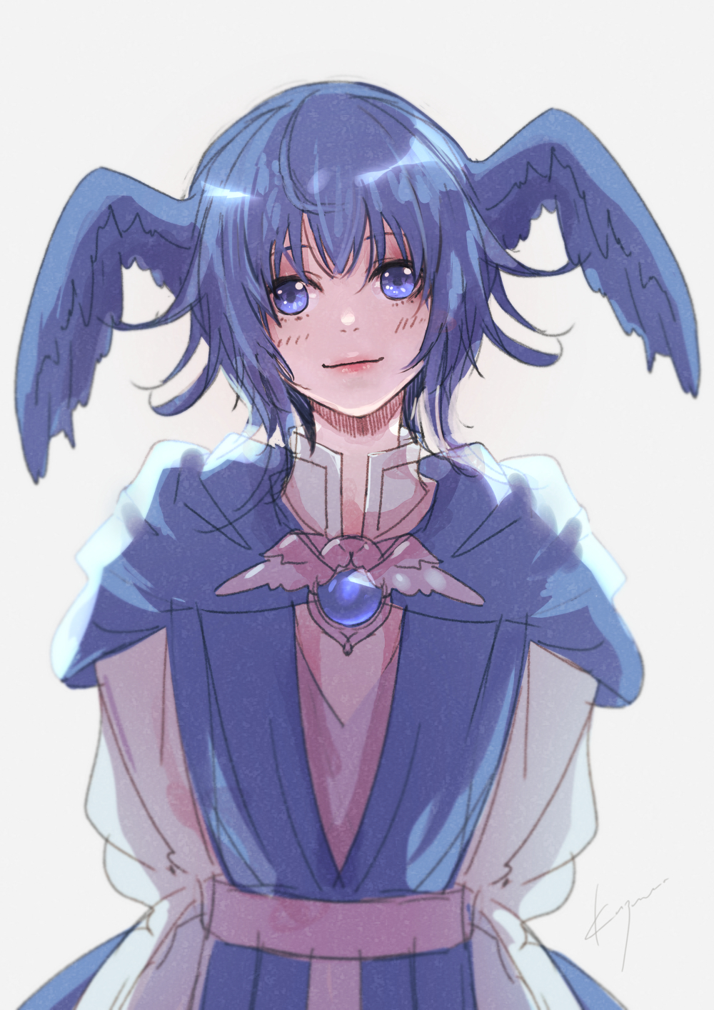 1girl, arms_behind_back, blue_capelet, blue_hair, brooch, capelet, feathered_wings, final_fantasy