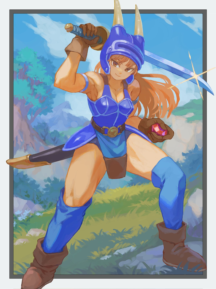1girl, armlet, armor, armpits, belt, blue_armor, blue_thighhighs, boots