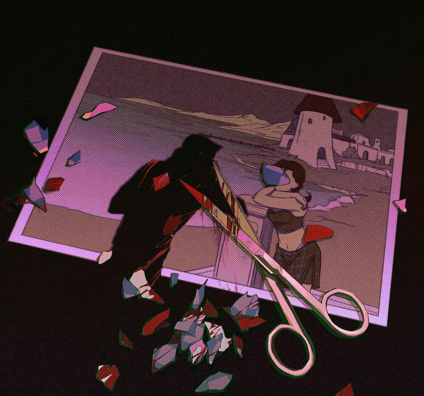 1boy, 1girl, beach, blood_on_photo, blood_on_scissors, commentary, covered_face, diavolo