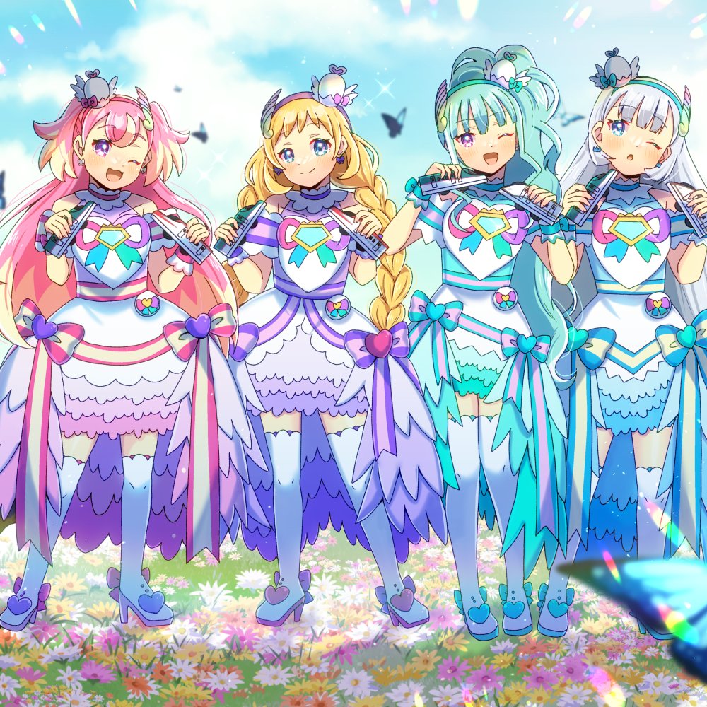 4girls, ;d, ;o, animal, bare_shoulders, blonde_hair, blue_eyes, blue_sky