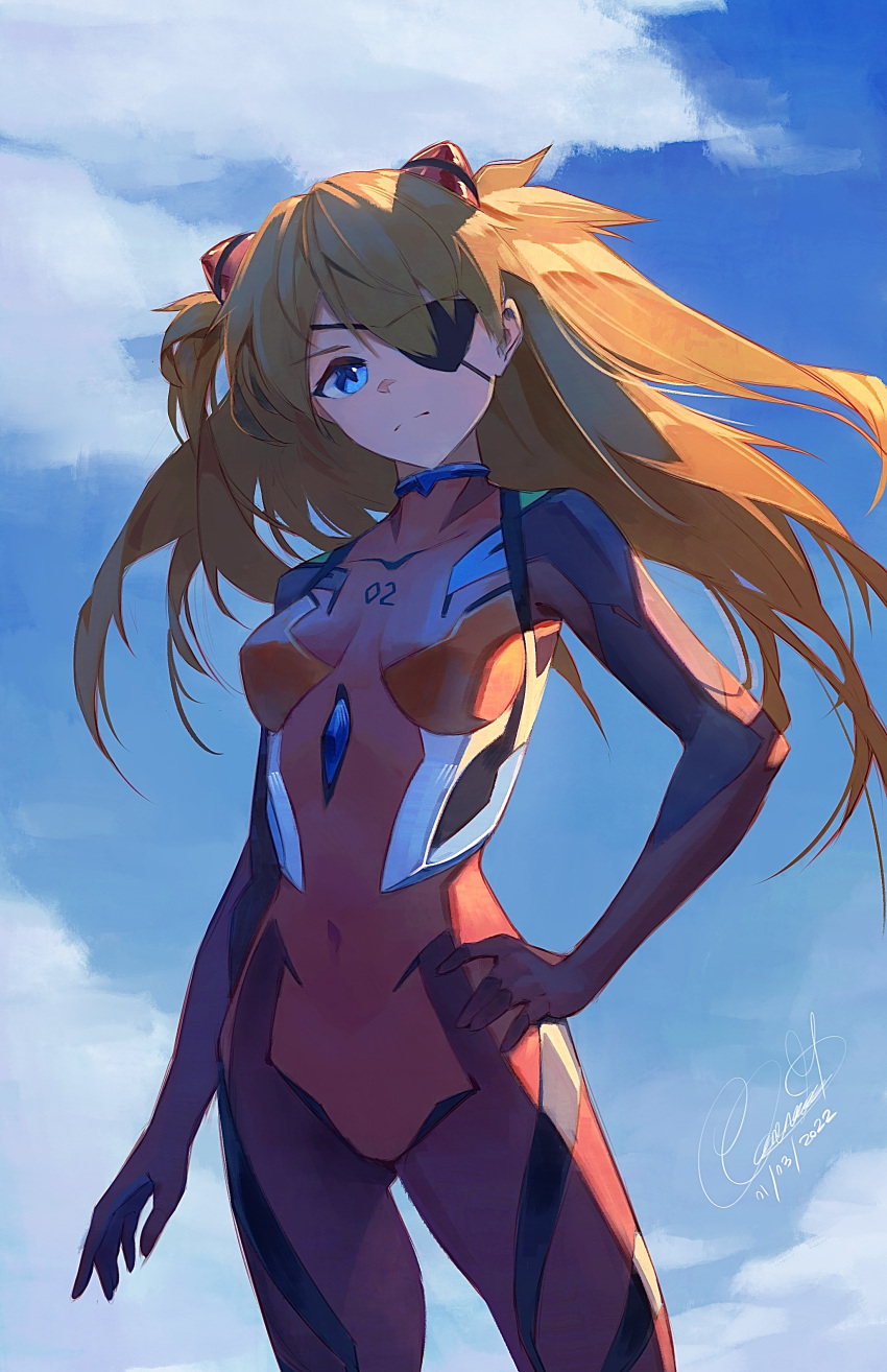 absurdres, blonde_hair, blue_eyes, blue_sky, bodysuit, breasts, clarenceman0605, clouds