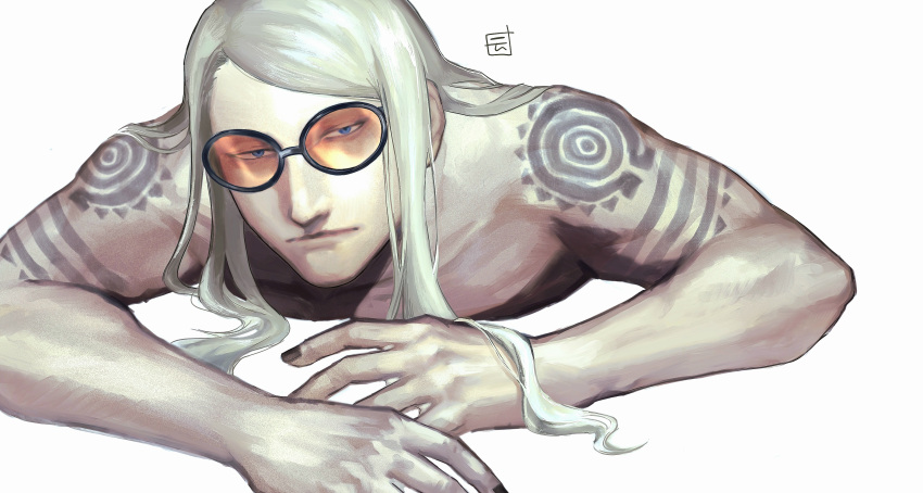 1boy, arm_tattoo, aztec, black_nails, blonde_hair, blue_eyes, fate/grand_order, fate_(series), highres, long_hair, looking_at_viewer, lying, male_focus, on_stomach, shoulder_tattoo, sunglasses, tattoo, tezcatlipoca_(fate), tezcatlipoca_(first_ascension)_(fate), un_02, white_background