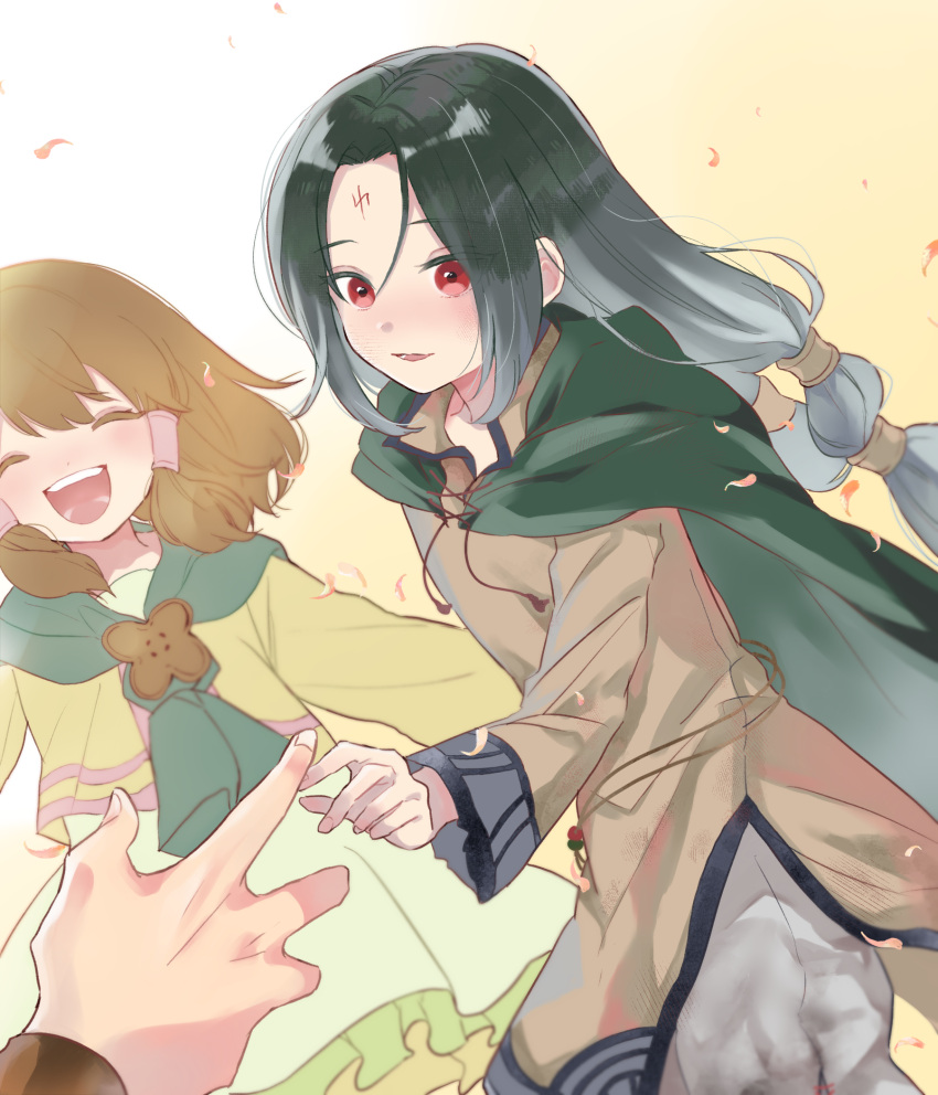 1boy, 1girl, aged_down, child, closed_eyes, commentary_request, facial_mark, falling_petals, fire_emblem, fire_emblem:_path_of_radiance, fire_emblem_heroes, forehead_mark, hair_tubes, highres, long_hair, mist_(close-knit_siblings)_(fire_emblem), mist_(fire_emblem), official_alternate_costume, open_mouth, parted_lips, petals, pixiv_9786468, red_eyes, smile, soren_(fire_emblem), soren_(hushed_voice)_(fire_emblem)