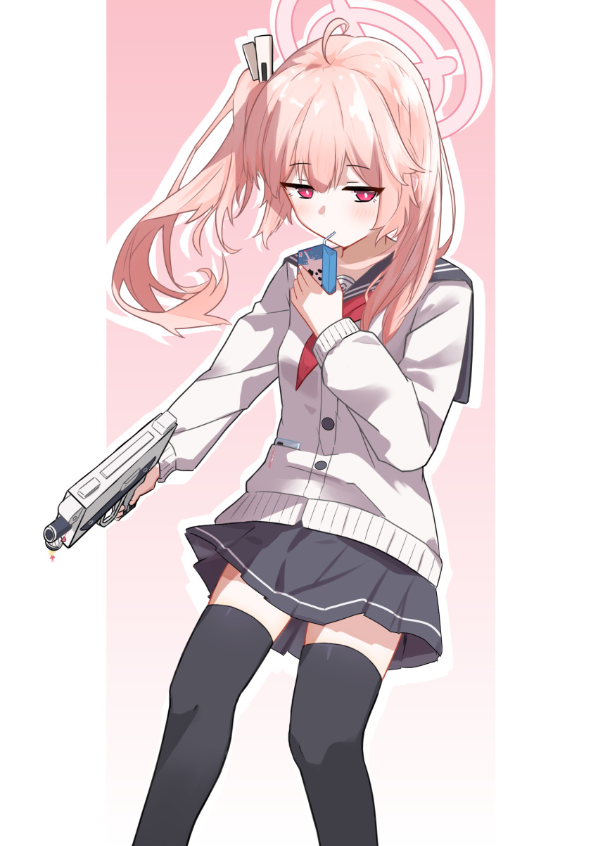 1girl, absurdres, black_sailor_collar, black_skirt, black_thighhighs, blue_archive, blush, breasts