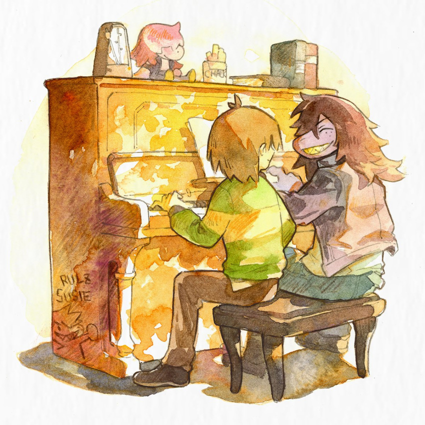 1girl, 1other, blue_pants, book, brown_hair, brown_pants, chalk, character_doll