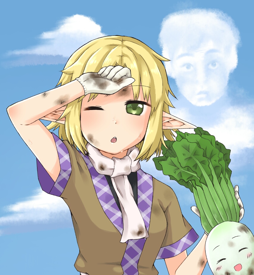 1girl, akanuma, black_shirt, blonde_hair, blue_sky, blush, brown_shirt, chanpuru_(nicoseiga_67544477)