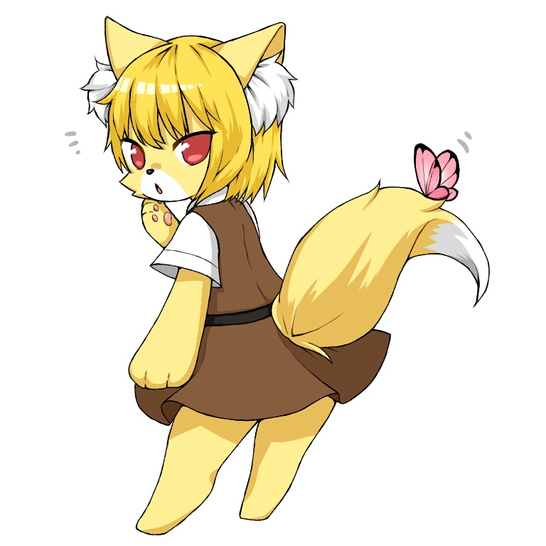 1girl, animal_ears, barefoot, blonde_hair, brown_dress, bug, butterfly, butterfly_on_tail