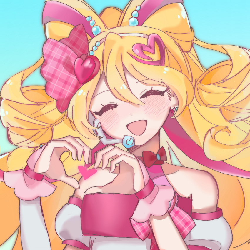 1girl, ^_^, bare_shoulders, beads, blonde_hair, blue_background, blush, bow