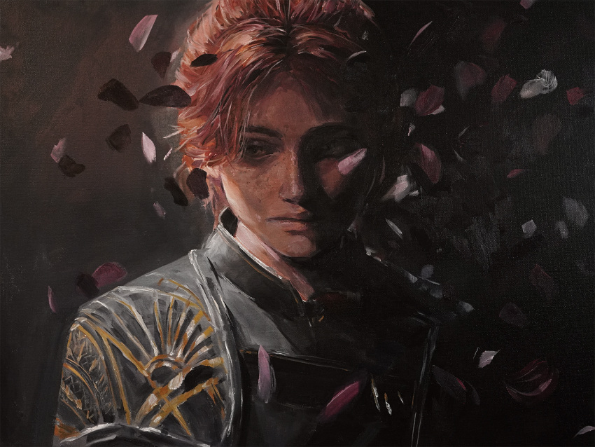 1girl, black_coat, body_freckles, clair_obscur:_expedition_33, coat, floral_dissolve, freckles, highres