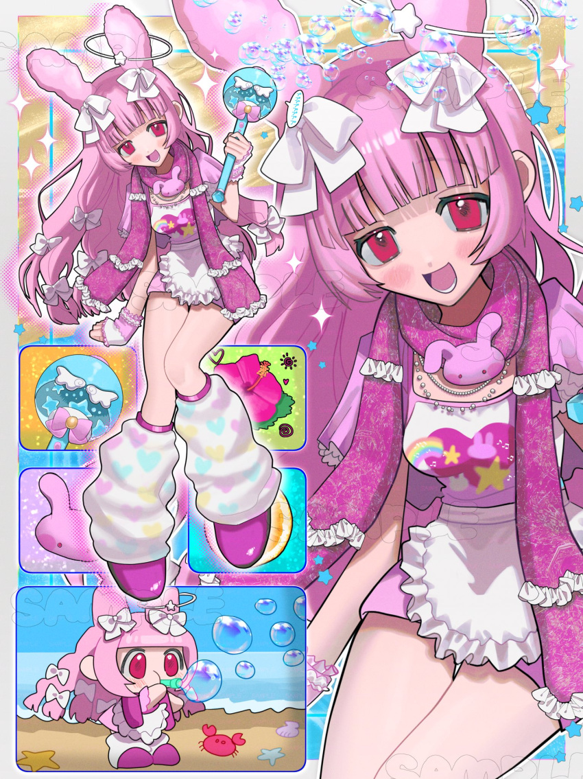 1girl, animal_ears, apron, blowing_bubbles, bow, breasts, commentary, commission, crab, english_commentary, fashion, flower, hair_bow, halo, heisei_retro, hibiscus, highres, holding, holding_wand, jewelry, jojifuku, leg_warmers, long_hair, looking_at_viewer, medium_breasts, monkey_ears, monkey_girl, multiple_views, necklace, original, pink_eyes, pink_hair, pink_scarf, pink_shoes, pink_skirt, poin_(goruchopame), print_shirt, rabbit_ears, rabbit_girl, scarf, shirt, shoes, skeb_commission, skirt, wand, white_apron, white_bow, white_leg_warmers