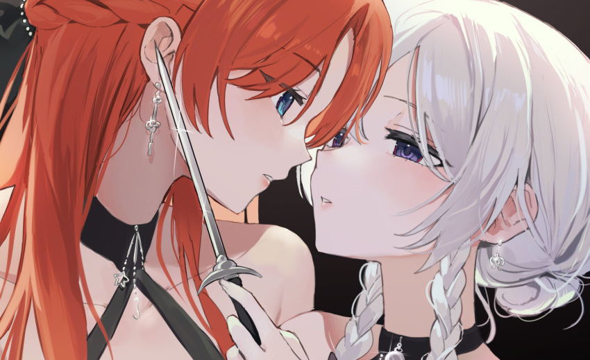 2girls, bare_shoulders, black_background, black_dress, blue_eyes, braid, collared_shirt, dagger, dress, earrings, eye_contact, highres, holding, holding_dagger, holding_knife, holding_weapon, hong_meiling, izayoi_sakuya, jewelry, knife, long_hair, looking_at_another, multiple_girls, parted_lips, red_hair, sarukana, shirt, side_braid, touhou, violet_eyes, weapon, white_hair, yuri