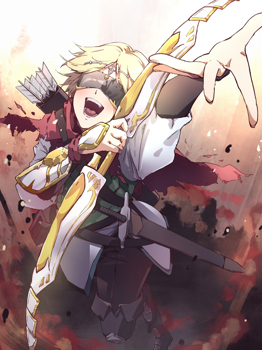 absurdres, armor, arrow_(projectile), belt_pouch, black_boots, black_pants, black_visor, blonde_hair