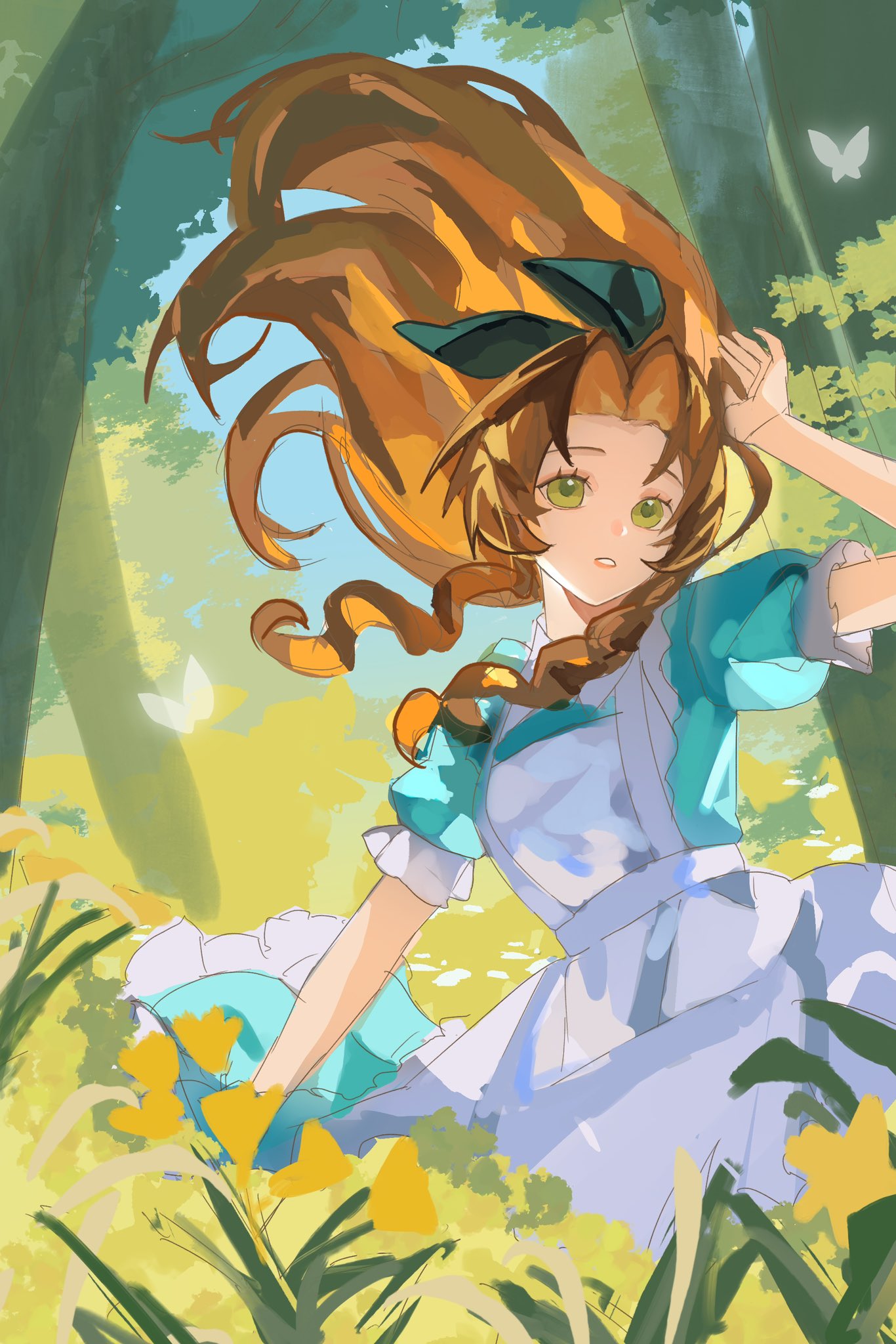 1girl, aerith_gainsborough, alice_(alice_in_wonderland), alice_(alice_in_wonderland)_(cosplay), apron, aqua_dress, black_ribbon, brown_hair