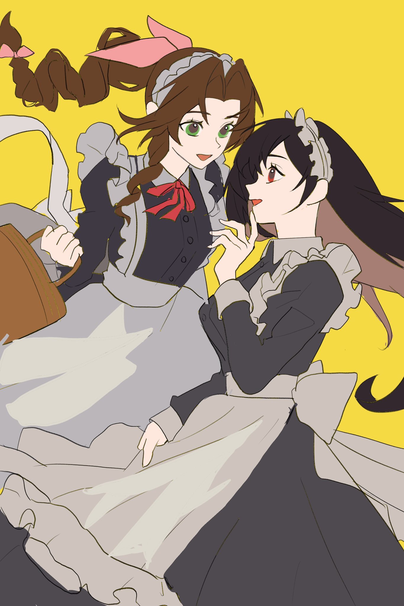 2girls, aerith_gainsborough, apron, basket, black_dress, black_hair, braid, braided_ponytail