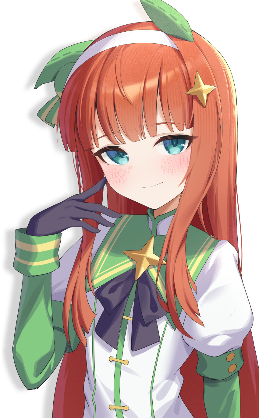 1girl, absurdres, animal_ears, black_gloves, blunt_bangs, closed_mouth, diamond-shaped_brooch, diamond_hair_ornament