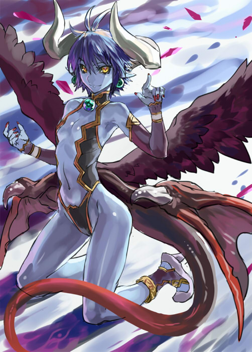 blue_hair, blue_skin, demon_girl, demon_horns, demon_wings, fantasy, flat_chest, high_heels, navel, nise_kami_naiara, nyarla, pointy_ears, ran'ou_(tamago_no_kimi), ranou, shinrabansho, shinrabanshou, shoes, short_hair, solo, tail, wings, yellow_eyes