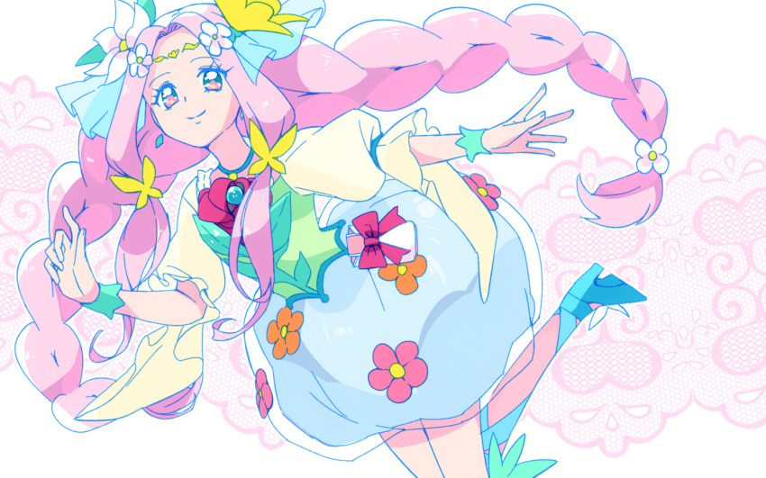 1girl, braid, bubble_skirt, buntatta, butterfly_hair_ornament, cure_felice, flower, flower_in_eye