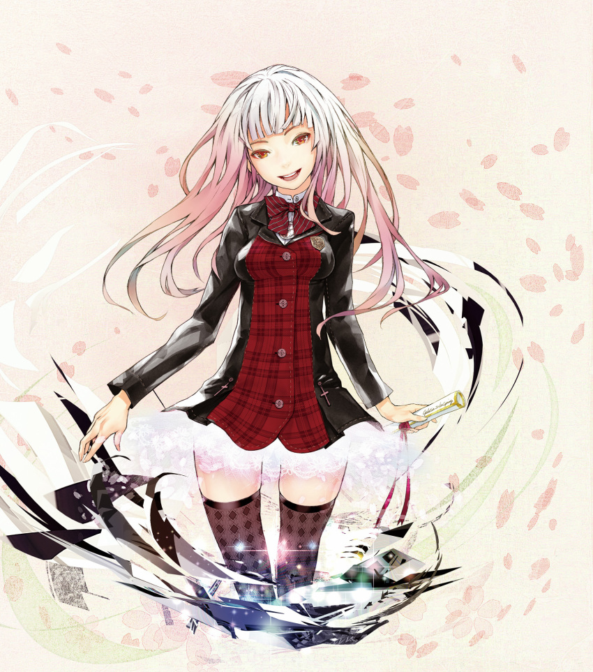 argyle_legwear, argyle_thighhighs, bangs, blunt_bangs, bow, diploma, gradient_hair, highres