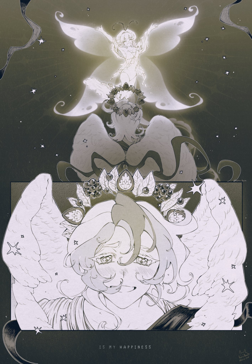 1boy, 1girl, angel_wings, antenna_hair, armored_boots, blonde_hair, boots, butterfly_wings, cookie_run, cookie_run:_kingdom, cupid, curly_eyebrows, floating_hair, highres, humanization, insect_wings, kairo_bun, layered_clothes, long_eyelashes, long_hair, looking_at_viewer, monochrome, pavlova_cookie, sugarfly_cookie, very_long_hair, wings