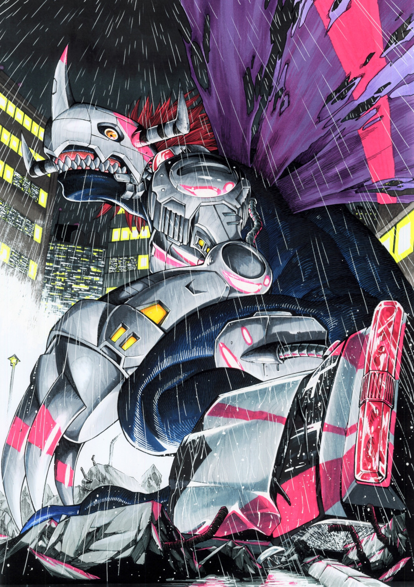 blue_scales, city, claw_(weapon), cyborg, digimon, digimon_(creature), dinosaur, highres
