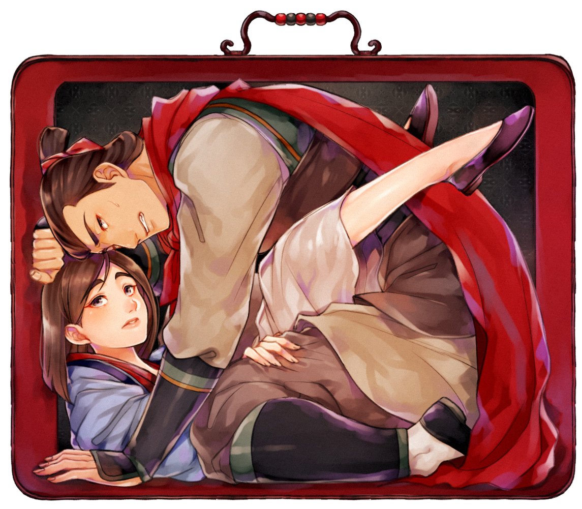 1boy, 1girl, black_hair, chinese_clothes, dress, fa_mulan_(disney), hair_bun, hanfu, li_shang_(disney), lips, long_hair, looking_at_viewer, makeup, mizala, mulan_(movie), shirt, short_hair, simple_background, smile