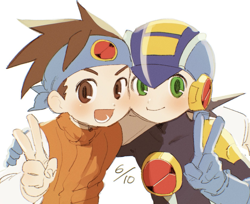 2boys, blue_bodysuit, blue_helmet, blush, bodysuit, brothers, brown_eyes, brown_hair