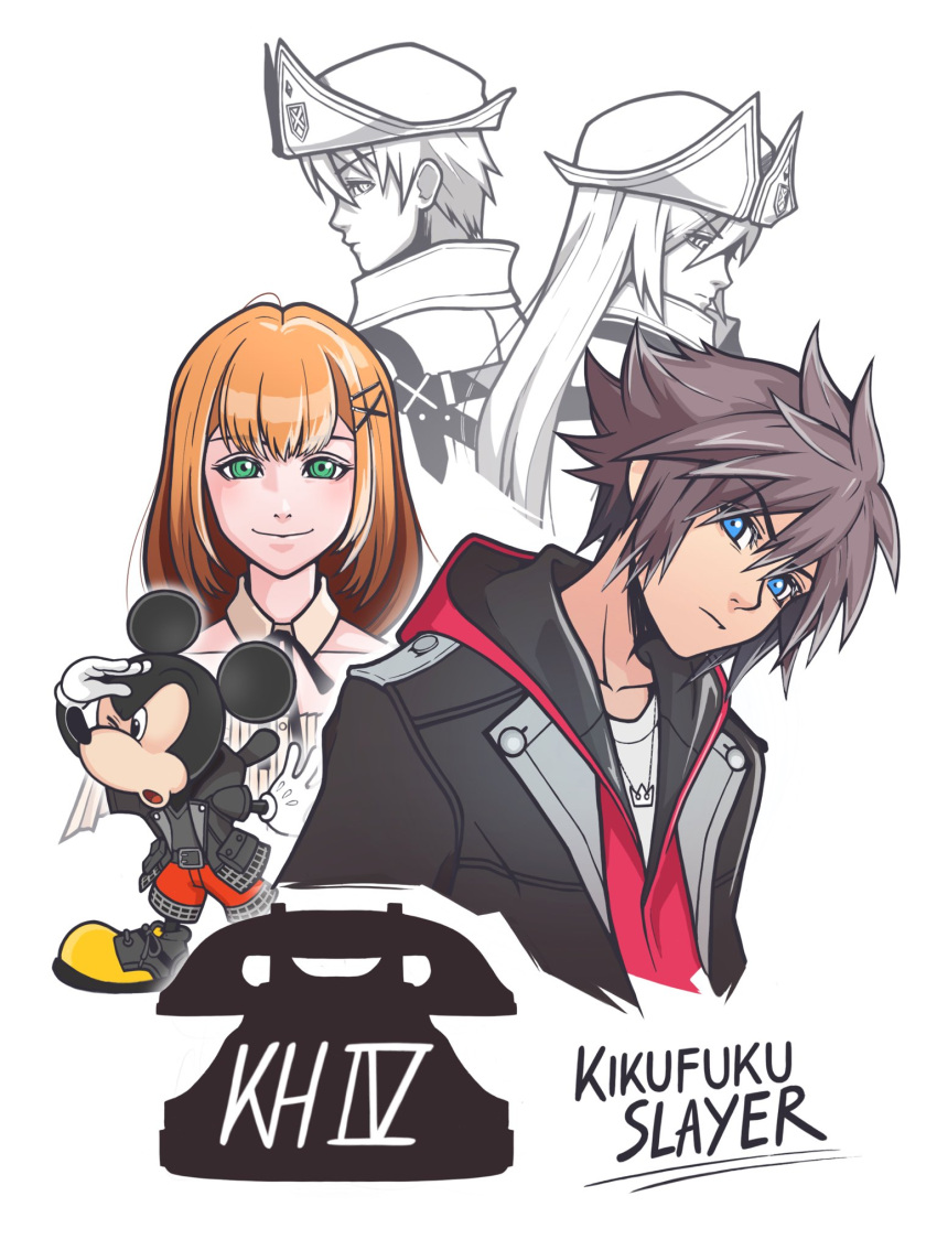 2girls, 3boys, artist_name, black_jacket, blue_eyes, brown_hair, closed_mouth, commentary