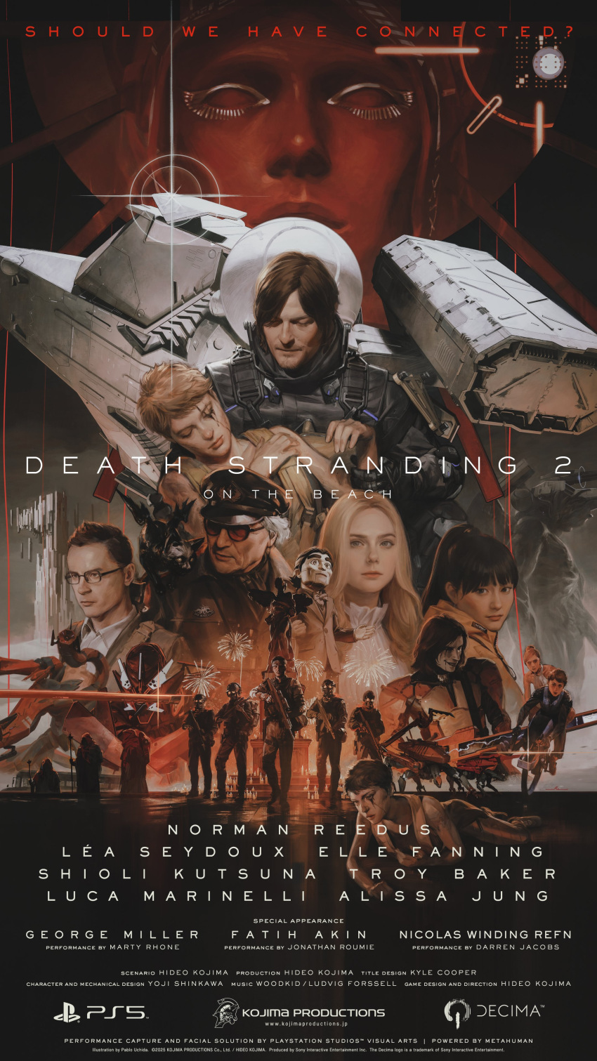 absurdres, assault_rifle, black_hair, blonde_hair, brown_hair, character_request, closed_eyes, commentary_request, death_stranding_2:_on_the_beach, english_text, glasses, gun, hat, higgs_(death_stranding), highres, key_visual, long_hair, marionette, multiple_boys, multiple_girls, official_art, pablo_uchida, peaked_cap, poster_(medium), promotional_art, puppet, rifle, sam_porter_bridges, short_hair, statue, sunglasses, weapon