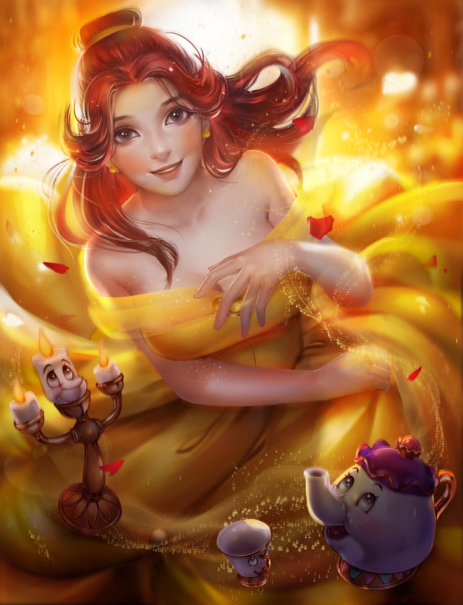 2boys, 2girls, animification, beauty_and_the_beast_(disney), belle_(disney), brown_eyes, brown_hair, chip_potts