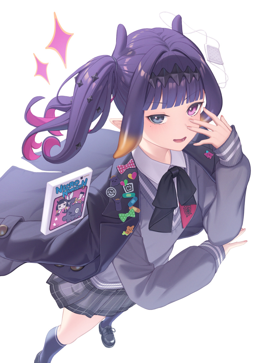1girl, :d, absurdres, ao-chan_(ninomae_ina'nis), black_coat, black_ribbon, black_shoes, black_skirt