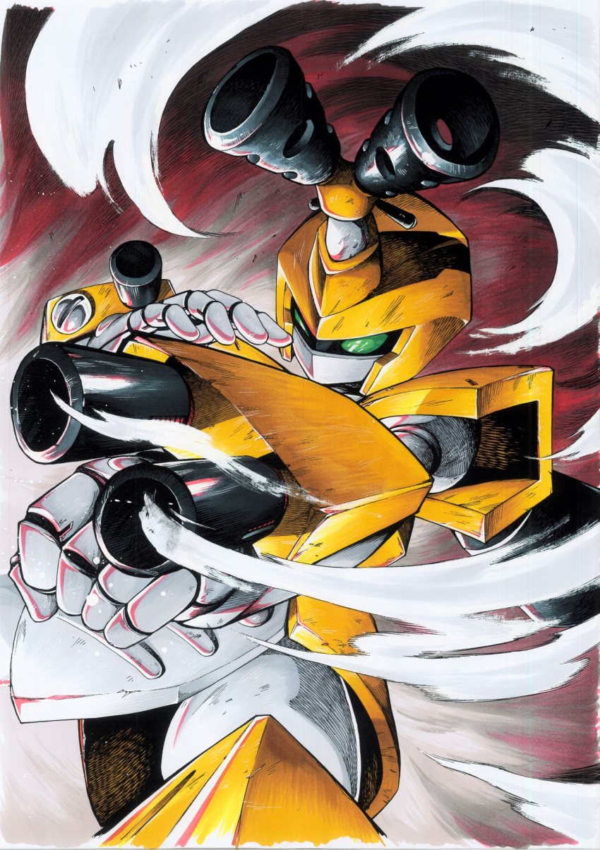 1boy, aiming, arm_cannon, armor, clenched_hand, cowboy_shot, green_eyes, helmet