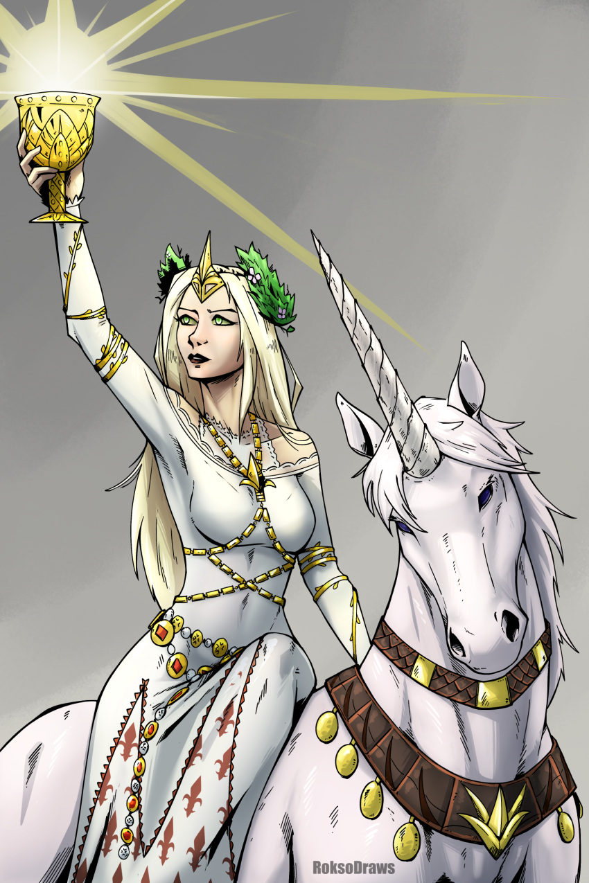 artist_name, blonde_hair, breasts, bretonnia, chalice, cup, dress, fleur-de-lis, gold_jewelry, green_eyes, highres, holy_grail_(warhammer), horseback_riding, jewelry, laurel_crown, long_hair, long_sleeves, morgiana_le_fay_(warhammer), necklace, riding, roksodraws, silver_jewelry, unicorn, warhammer_fantasy, white_background, white_dress, white_horse