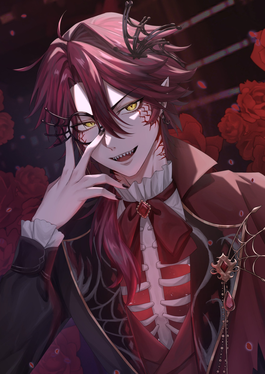 1boy, absurdres, adjusting_monocle, alternate_costume, black_nails, flower, frilled_shirt_collar, frilled_sleeves