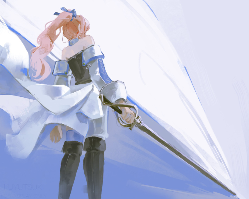 1other, akiyama_mizuki, arm_at_side, asymmetrical_clothes, bare_shoulders, black_boots, black_shirt, blue_background