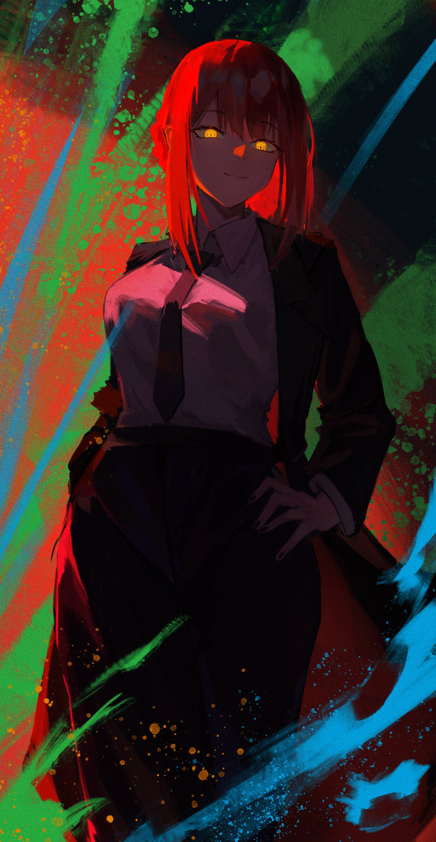1girl, absurdres, black_coat, black_necktie, black_pants, chainsaw_man, coat, collared_shirt