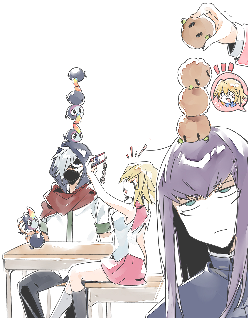 3_ma_me, alternate_costume, black_hair, black_jacket, blonde_hair, blush_stickers, breasts, cowboy_shot