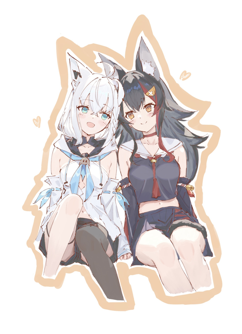 2girls, animal_ears, aqua_eyes, black_hair, black_shirt, black_shorts, black_skirt, black_sleeves