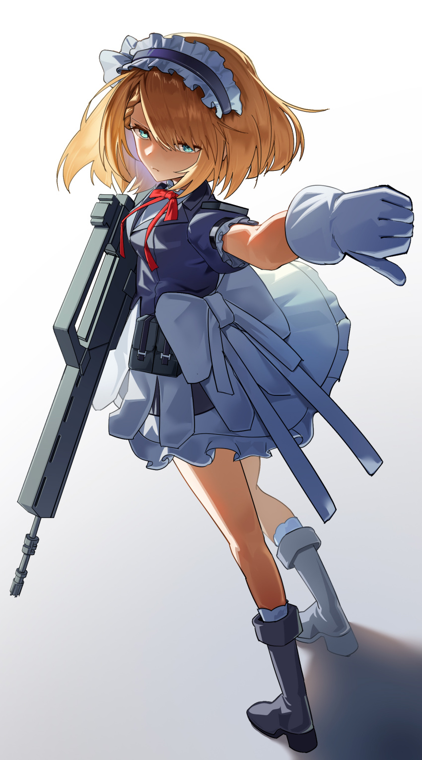 1girl, absurdres, aoi_wakashi_chiyo, black_boots, blonde_hair, boots, bow, centaureissi_(girls'_frontline_2), g36_(girls'_frontline), girls'_frontline_2:_exilium, girls_frontline, gloves, gun, highres, holding, holding_gun, holding_weapon, looking_at_viewer, looking_back, solo, thumbs_down, waist_bow, weapon, white_gloves