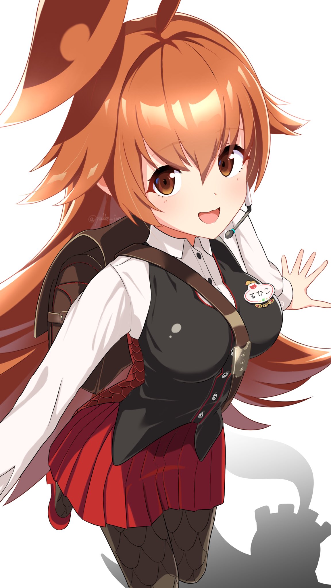 1girl, ahoge, black_vest, breasts, brown_bag, brown_eyes, brown_hair, duel_masters, duel_masters_play's, fishnet_pantyhose, fishnets, high_heels, highres, huge_ahoge, kokko_rupiko, long_hair, long_sleeves, looking_at_viewer, name_tag, open_mouth, pantyhose, pleated_skirt, red_shoes, red_skirt, shade, shadow, shirt, shoes, simple_background, skirt, solo, speaking_tube_headset, very_long_hair, vest, white_background, white_shirt, yukke_jan