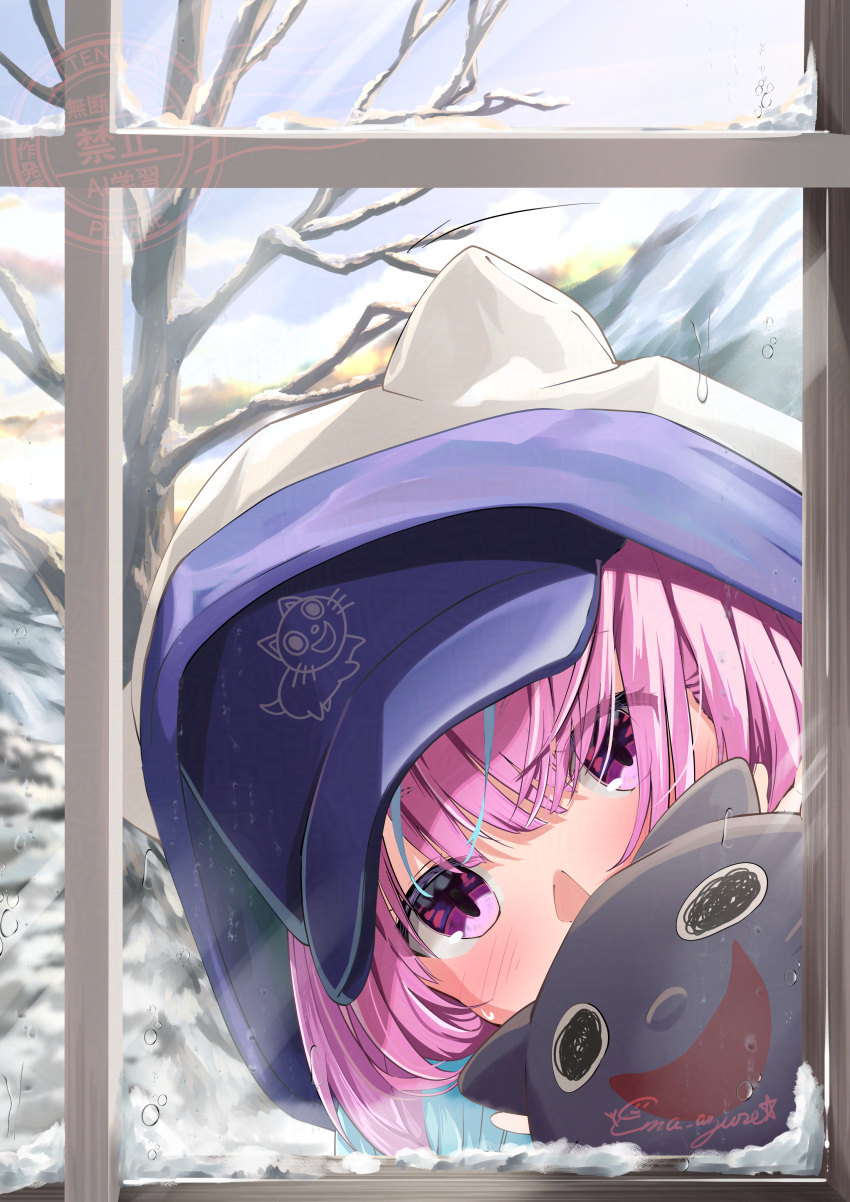 1girl, absurdres, animal_hood, bare_tree, baseball_cap, blue_hair, blue_hat, blush