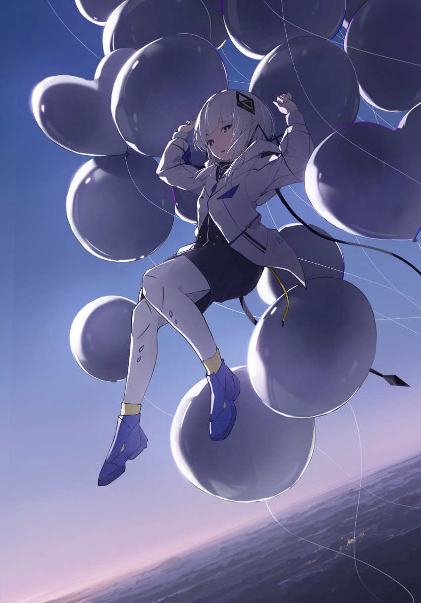 1girl, above_clouds, absurdres, arms_up, balloon, black_dress, blue_eyes, blue_shoes