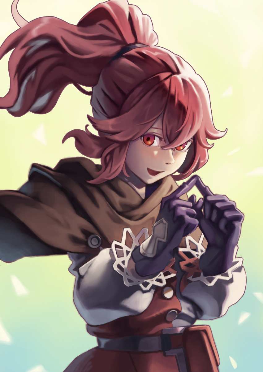 1girl, absurdres, anna_(fire_emblem), fire_emblem, fire_emblem_engage, hair_between_eyes, highres, long_hair, looking_at_viewer, open_mouth, ponytail, red_eyes, red_hair, shoko_(pixiv_74769700), smile, solo
