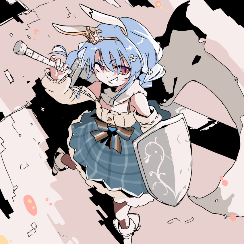 1girl, animal_ears, blue_hair, boots, bow, cape, checkered_clothes, checkered_skirt